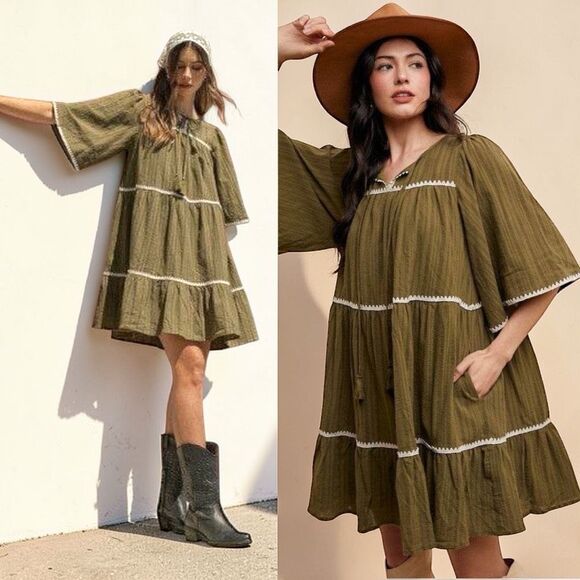 annie wear Dresses & Skirts - Annie Wear Olive Tiered Mini Babydoll Dress Pockets Short Sleeve NWT
